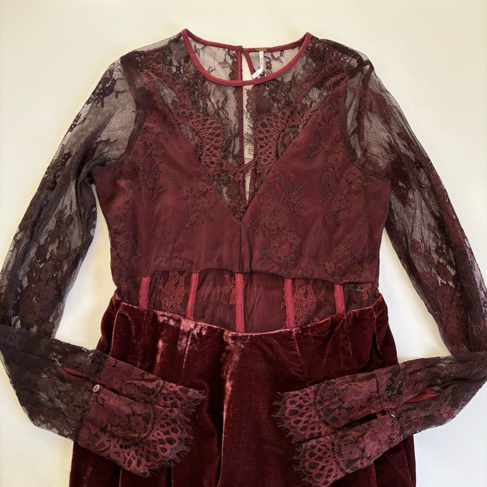 Free People Marlie Garnet Red Lace Long Sleeve Velvet Mini Dress Size Small - Picture 3 of 11